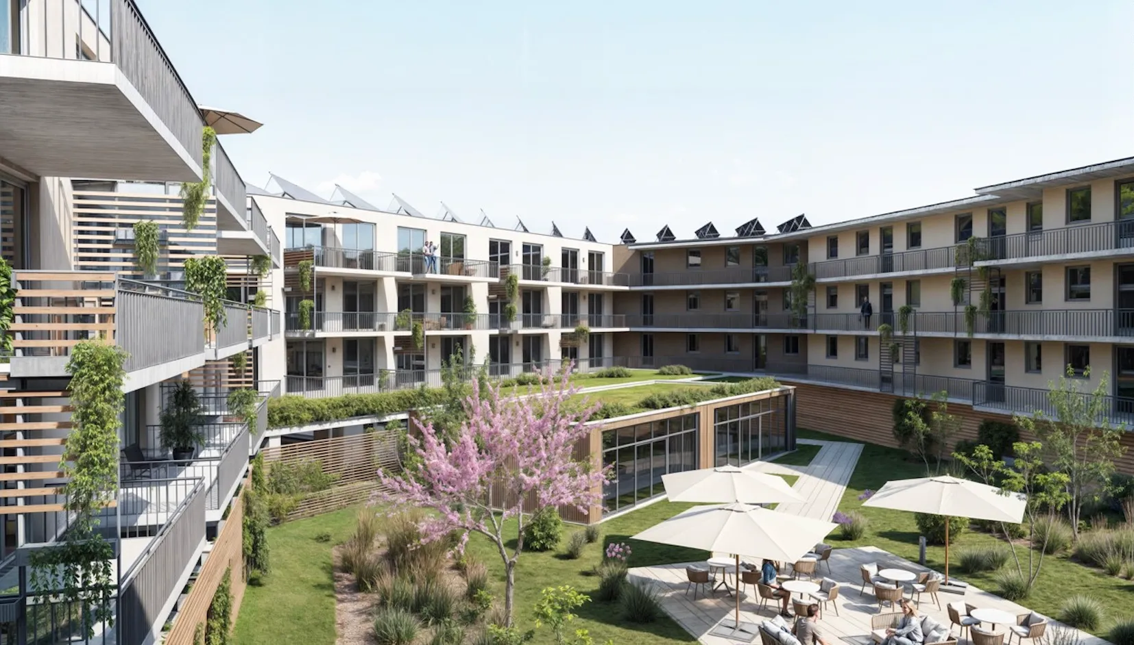 Liverty Homes Bad Saulgau – Übersicht Wohnquartier mit begrüntem Innenhof